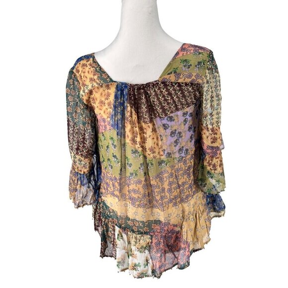Anthropologie Floreat Patchwork Floral Peasant Blouse Sz XXSP EUC Gorgeous Boho - Picture 2 of 12